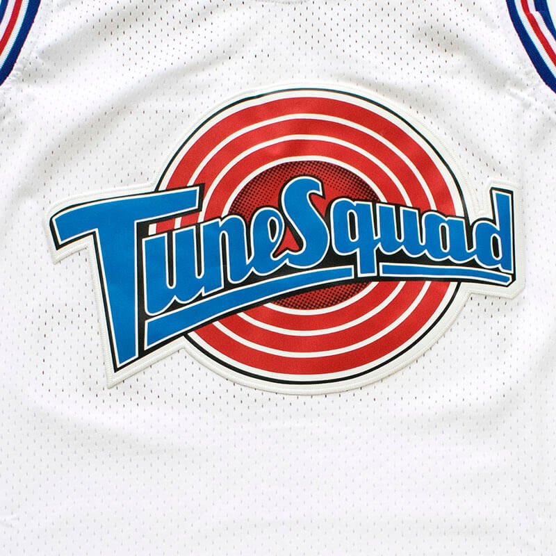 Detailed Close-up of Stitched Tune Squad Circular Logo on Space Jam Movie Jersey