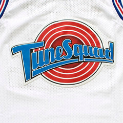 Detailed Close-up of Stitched Tune Squad Circular Logo on Space Jam Movie Jersey