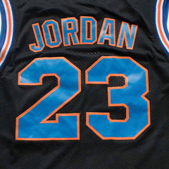 Close-up of Stitched JORDAN Nameplate on Black Space Jam Movie Jersey