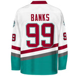 adam banks #99 mighty ducks d2 white movie hockey jersey for men back thumbnail