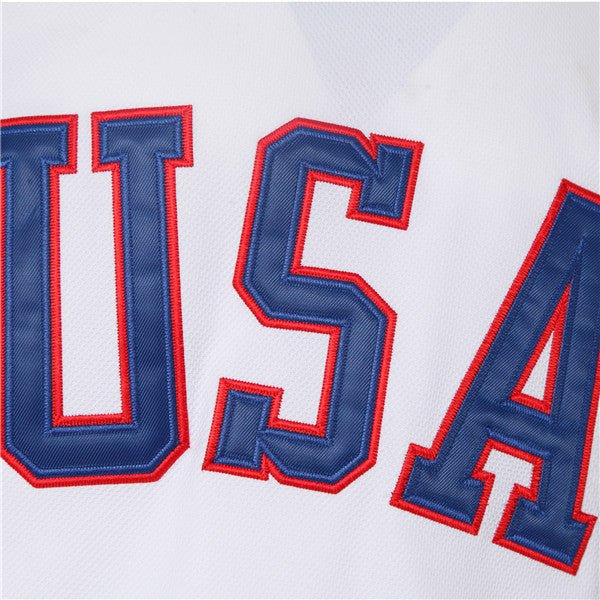 Detailed Close-up of Stitched USA Logo on 1980 Miracle on Ice Hockey Jersey