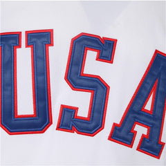 Detailed Close-up of Stitched USA Logo on 1980 Miracle on Ice Hockey Jersey