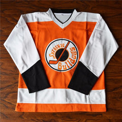 Syracuse Bulldogs Ogie Ogilthorpe Jersey - Orange and White - Hockey Jersey from Movie Slapshot - stitched tracking twill - front view