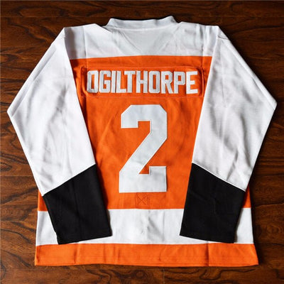 Syracuse Bulldogs Ogie Ogilthorpe Jersey - Orange and White - Hockey Jersey from Movie Slapshot - stitched tracking twill - back view