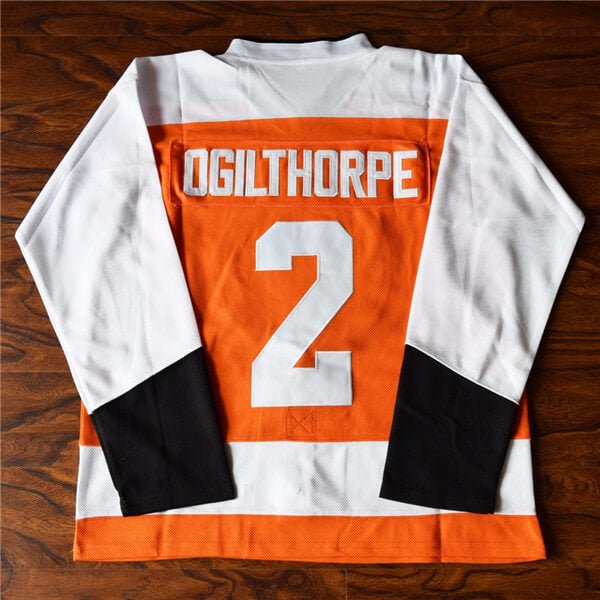 Syracuse Bulldogs Ogie Ogilthorpe Jersey - Orange and White - Hockey Jersey from Movie Slapshot - stitched tracking twill - back view