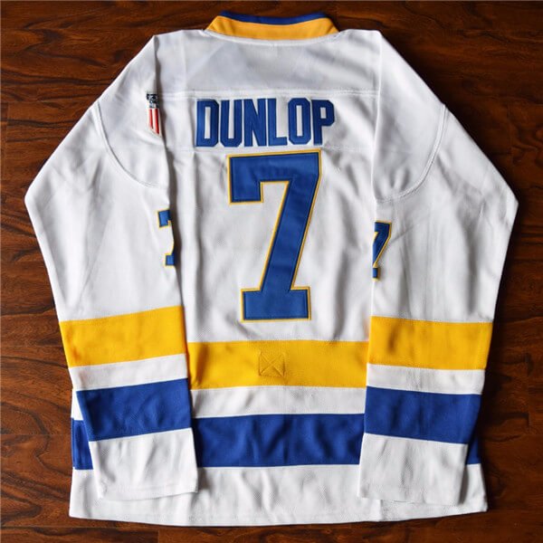 Charlestown Chiefs Reggie Dunlop Jersey - White, yellow and blue - Hockey Jersey from Movie Slapshot - stitched tracking twill - back view