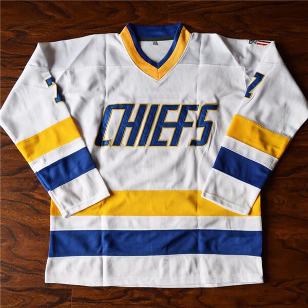 Charlestown Chiefs Reggie Dunlop Jersey - White, yellow and blue - Hockey Jersey from Movie Slapshot - stitched tracking twill - front view