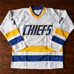 Charlestown Chiefs Reggie Dunlop Jersey - White, yellow and blue - Hockey Jersey from Movie Slapshot - stitched tracking twill - front view