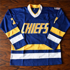 Charlestown Chiefs Reggie Dunlop Jersey - Blue yellow and white - Hockey Jersey from Movie Slapshot - stitched tracking twill - front view