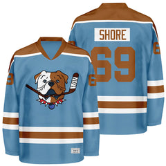 Shoresy #69 Sudbury Blueberry Bulldogs Blue Hockey Jersey - Front and Back View