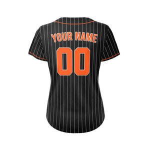 Women's Custom Sublimation Black and Orange Pinstripe Baseball Jersey