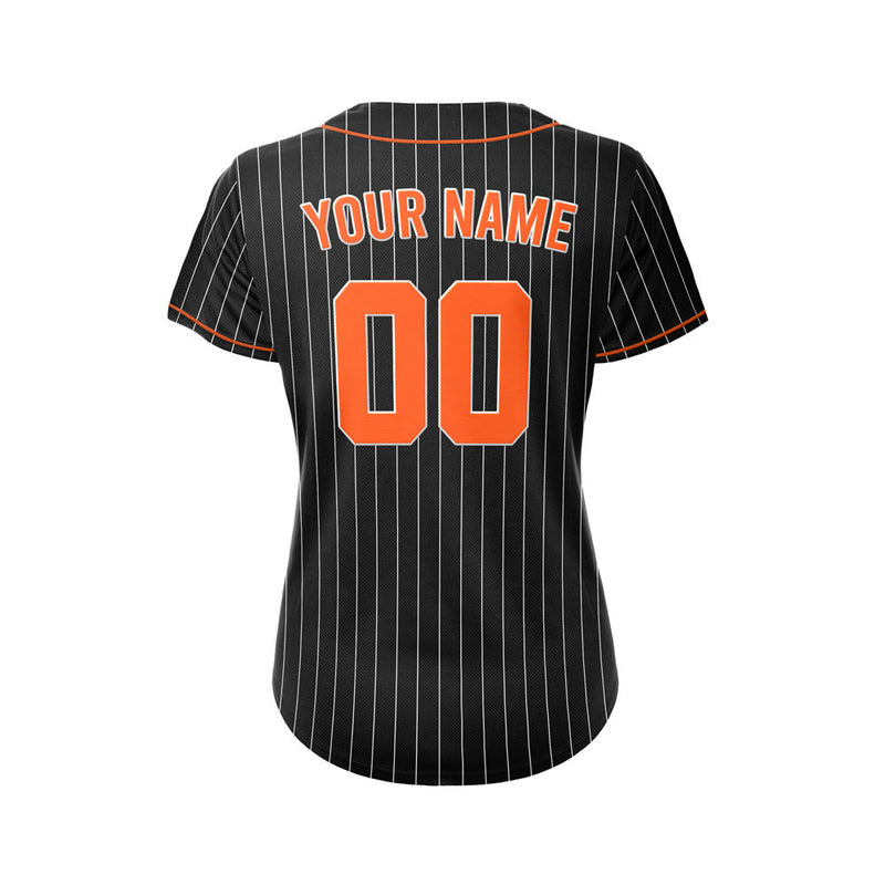 Women's Custom Sublimation Black and Orange Pinstripe Baseball Jersey