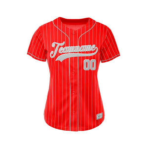 Women Custom Pinstripe Baseball Jersey Red Silver Sublimation